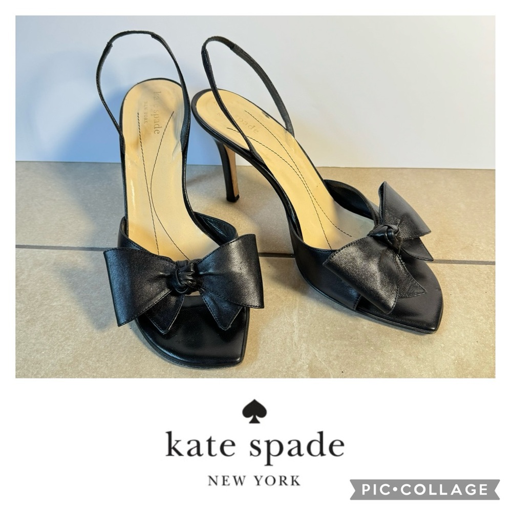 🦋Kate Spade Black Leather Sling Back Heels With Bow and Open Toe🦋